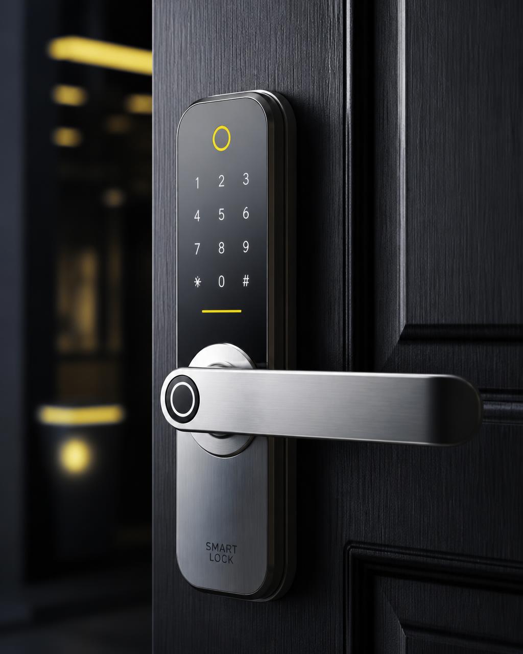 Modern electronic smart lock on a dark textured door